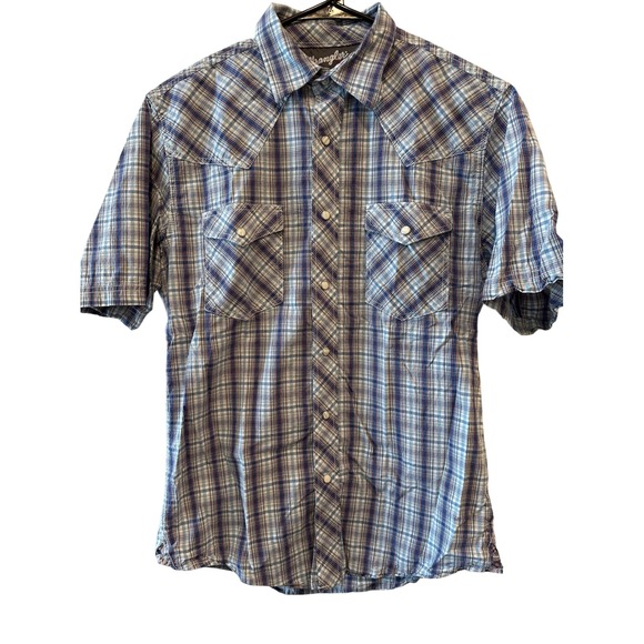 Wrangler‎ 20X Plaid Snap Button Short Sleeve Western Shirt Men's Medium Blue - Picture 2 of 7